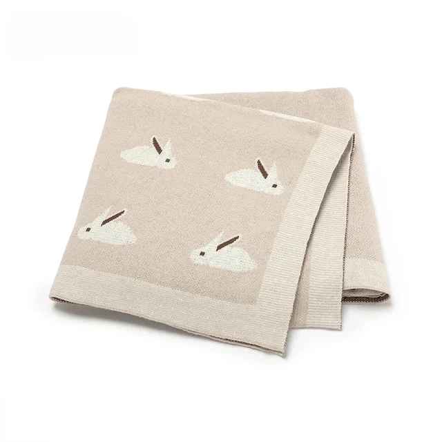 Cute Rabbit Print Knitted Baby Blanket 100*80cm Multi Use Soft Swaddle Wrap Stroller Cover or Play Mat for Newborns 3