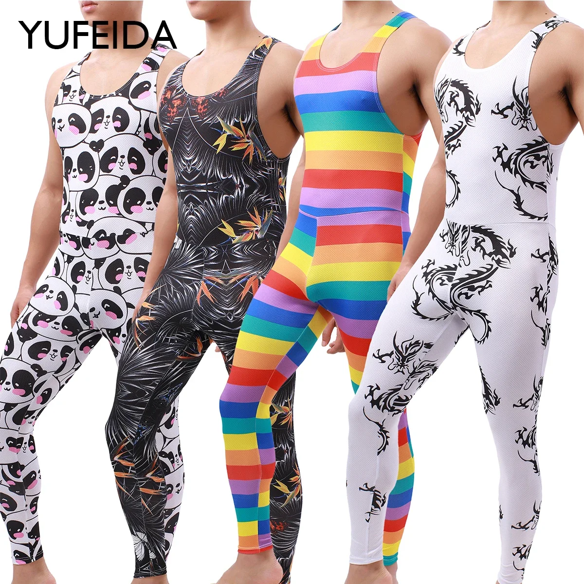 YUFEIDA Sexy Mens Undershirt Legging Pajama Male Breathable Jumpsuit Leotard Underwear Rainbow Print Wrestling Singlet Bodysuits
