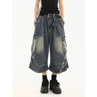 American Style Women Vintage Washed Workwear Denim Shorts with Multiple Pockets Pleated Design Loose Drapey Seven-Foot Pants - Image 2