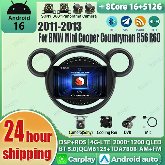 Radio Multimedia para Auto con Pantalla 2K y Android 16 Carplay para BMW Mini Cooper Countryman R56 R60 2011-2013, Sistema de Navegación Estéreo 1