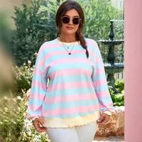 Loose Long Sleeve round Neck Knitted Hoodie Women Comfortable Casual Top Color Block Polyester Spandex Blend Mid-Length