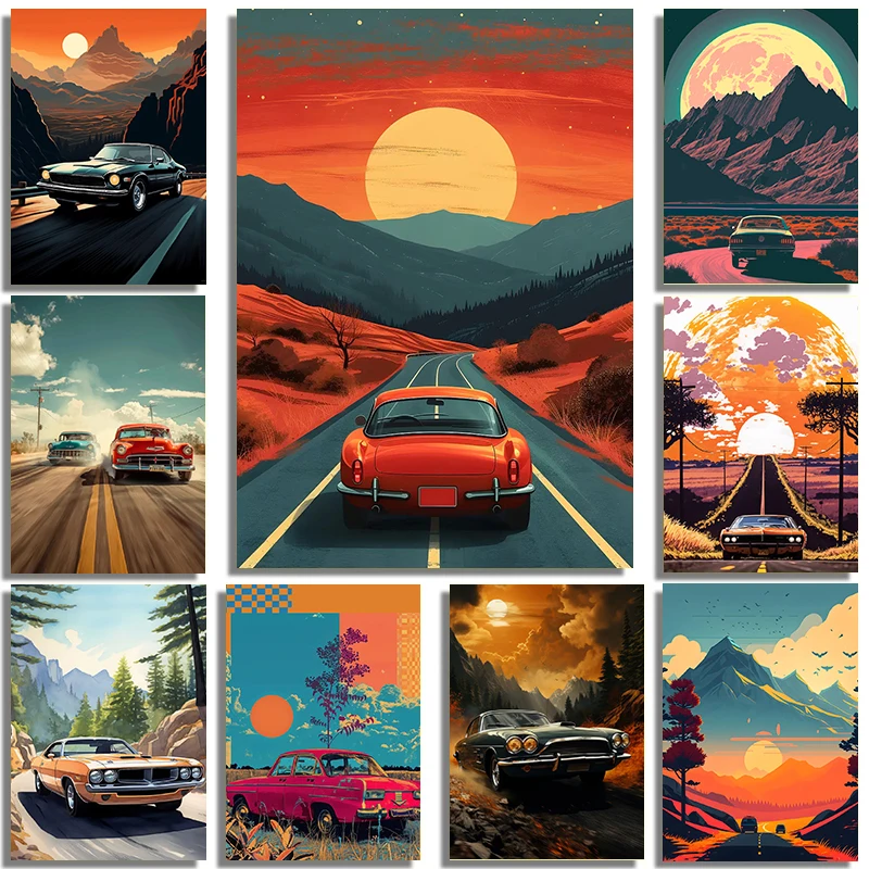Retro Abstract Car And Landscape Themed Art Poster Canvas Printing ...