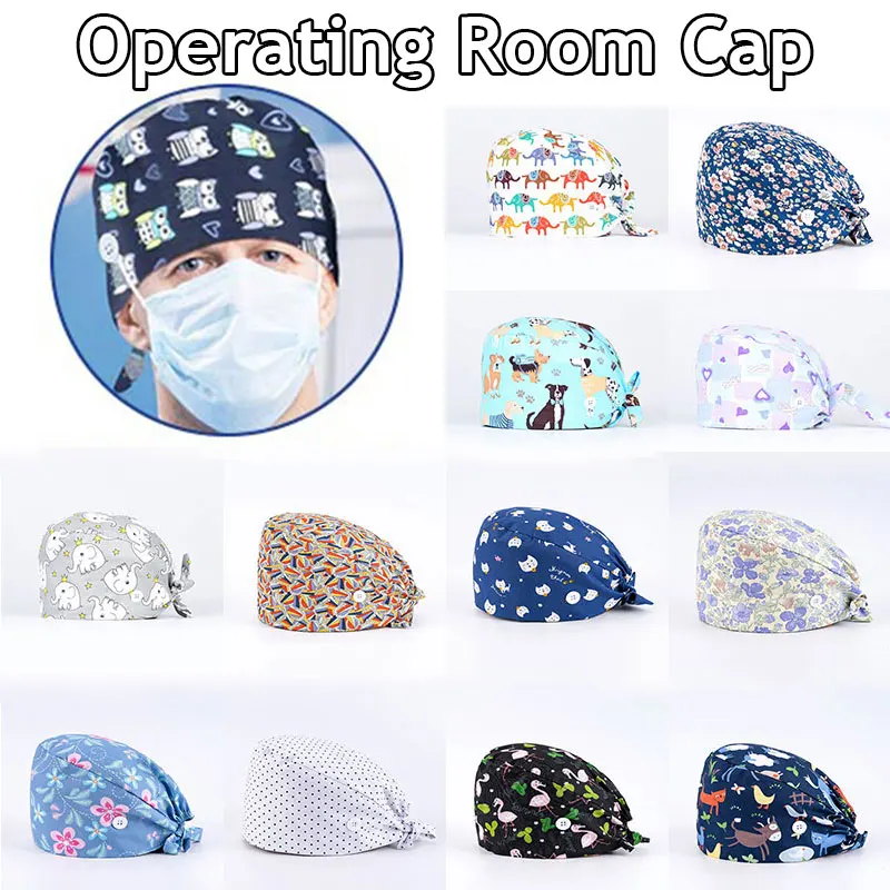 ski beanie Unisex Cotton Adjustable Scrubs Hats Floral Print Medical Caps Dental Clinic Work Hats Tieback Elastic Pet Grooming Nursing Cap winter cap