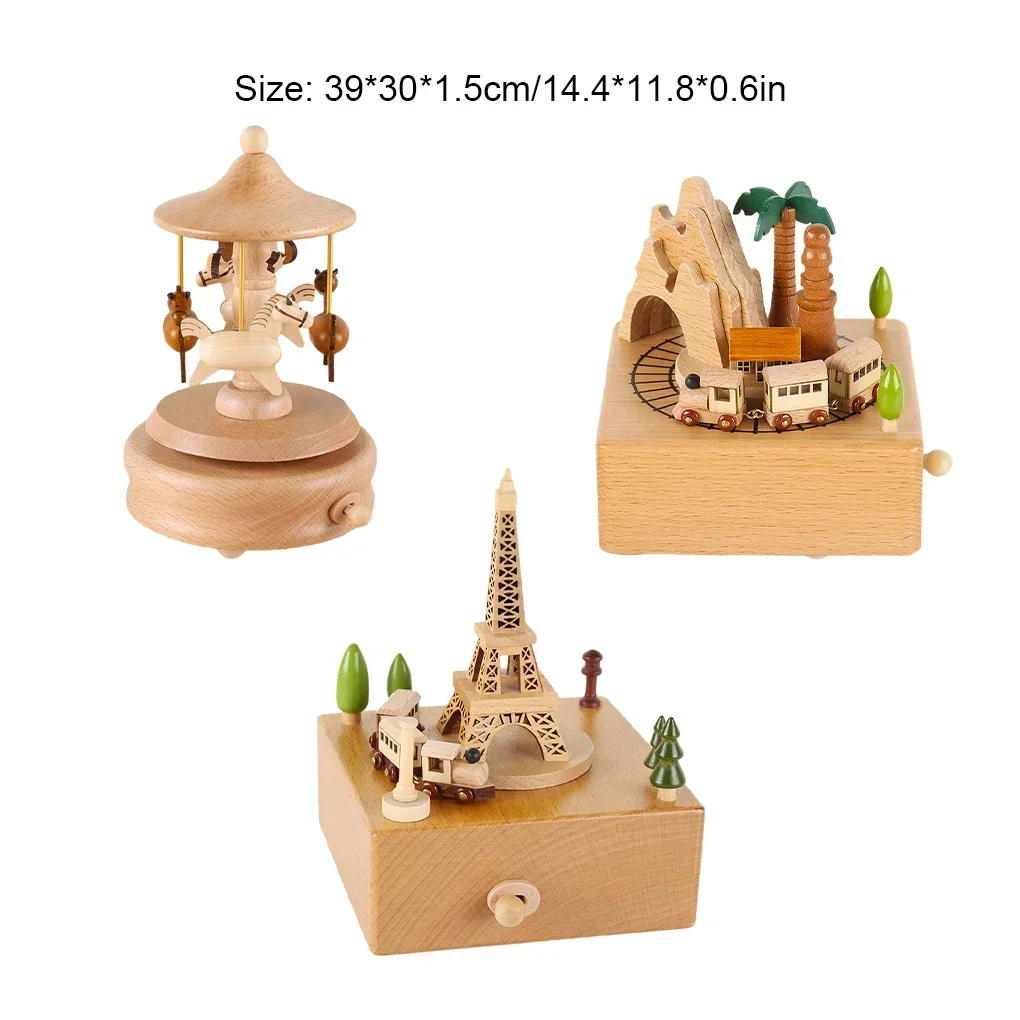 Wooden Carousel Music Box Ornaments Rotatable Hand-cranked Music Box DIY Handmade Birthday Christmas Gift Children’s Toys 5