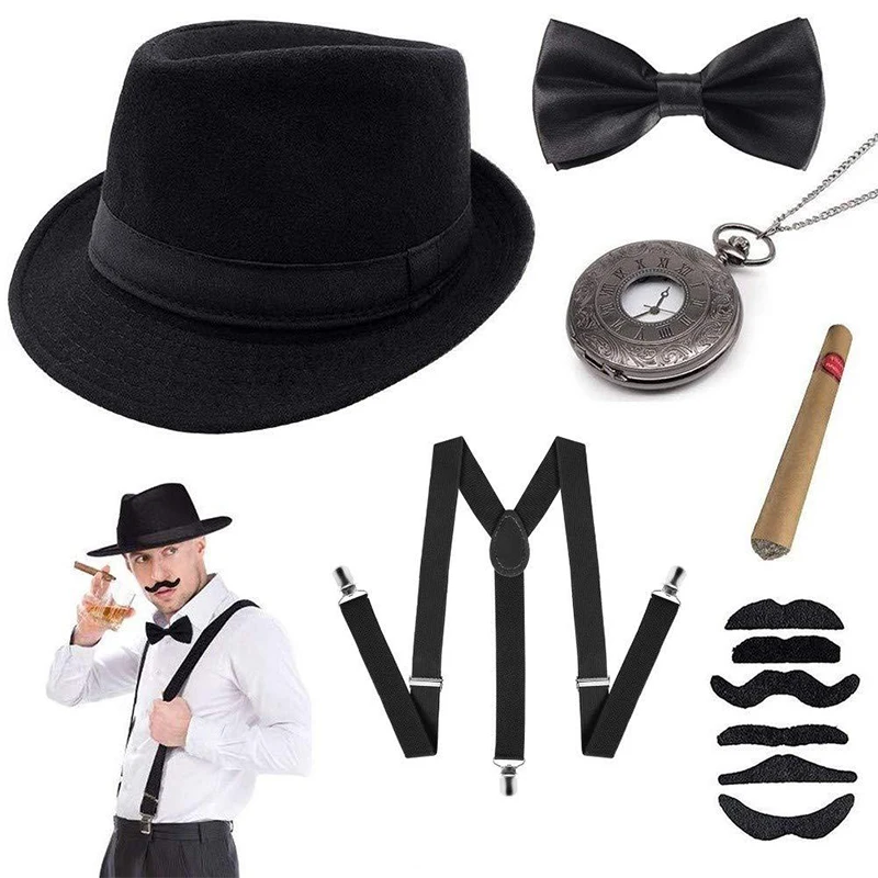 Halloween 1920's Cosplay Costume Hat Pocket Watch Neck Tie Moustache Bowtie Gatsby Masquerade Accessories 1Set