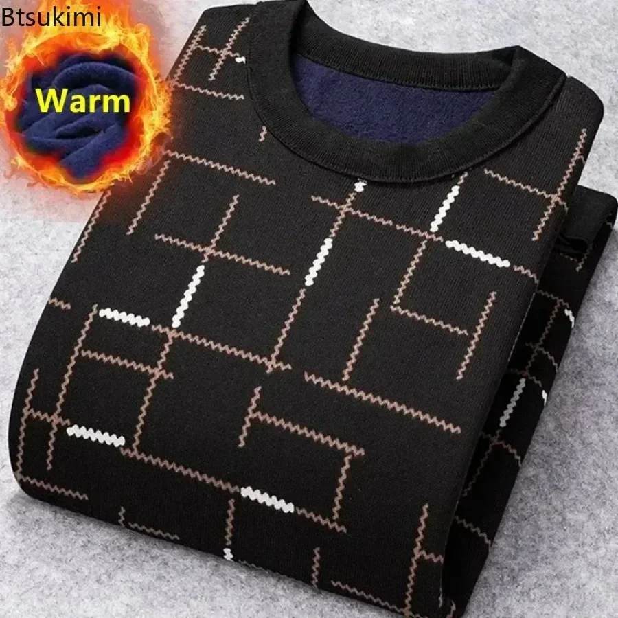 New 2024 Autumn Winter Thermal Underwear for Men Thin Fleece O Neck Long Sleeve Undershirt Plaid and Stripe Shirt Clothes Male