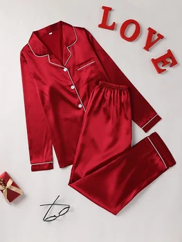 Solid Pajama Set Long Sleeve Button Up Lapel Top & Pants Pj Set Women's Sleepwear & Loungewear 1