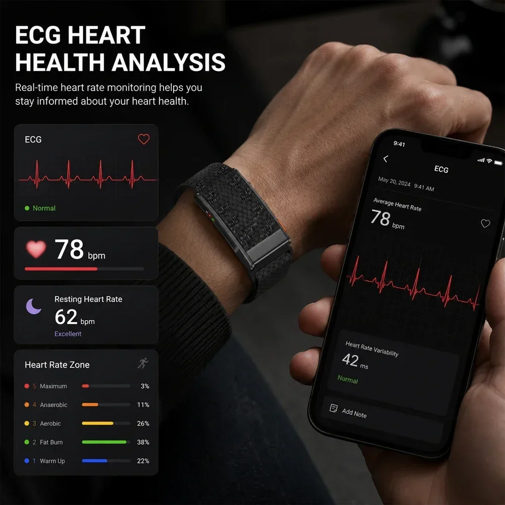 신제품 스크린리스 스마트 헬스 워치 ECG SpO2 HRV 혈압 수면 추적 스포츠 앱 알림 3ATM 방수 모던 웰니스