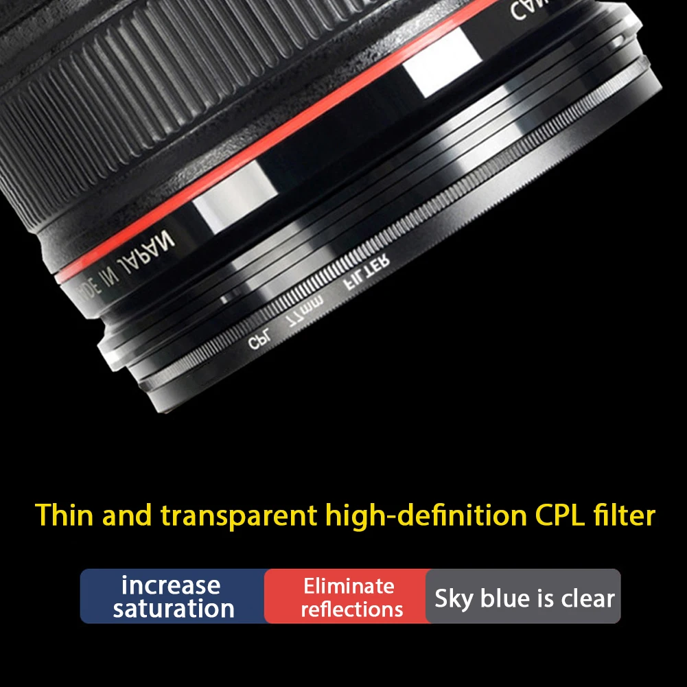 Vue éclatée du kit filtre CPL et UV pour objectif photo, avec les différentes tailles de bagues.