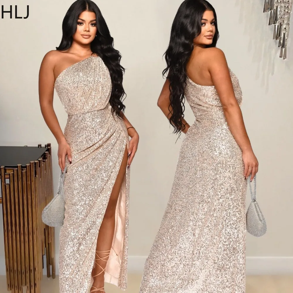 

HLJ Sexy One Shoulder Sequin High Slit Party Club Dresses Women Sleeveless Slim Irregular Vestidos Fashion Bodycon Floor Clothes