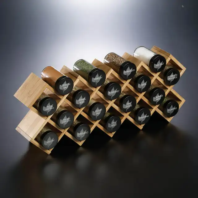 Brand New Kamenstein Criss-Cross Bamboo Spice Rack with 18 FULL spice jars