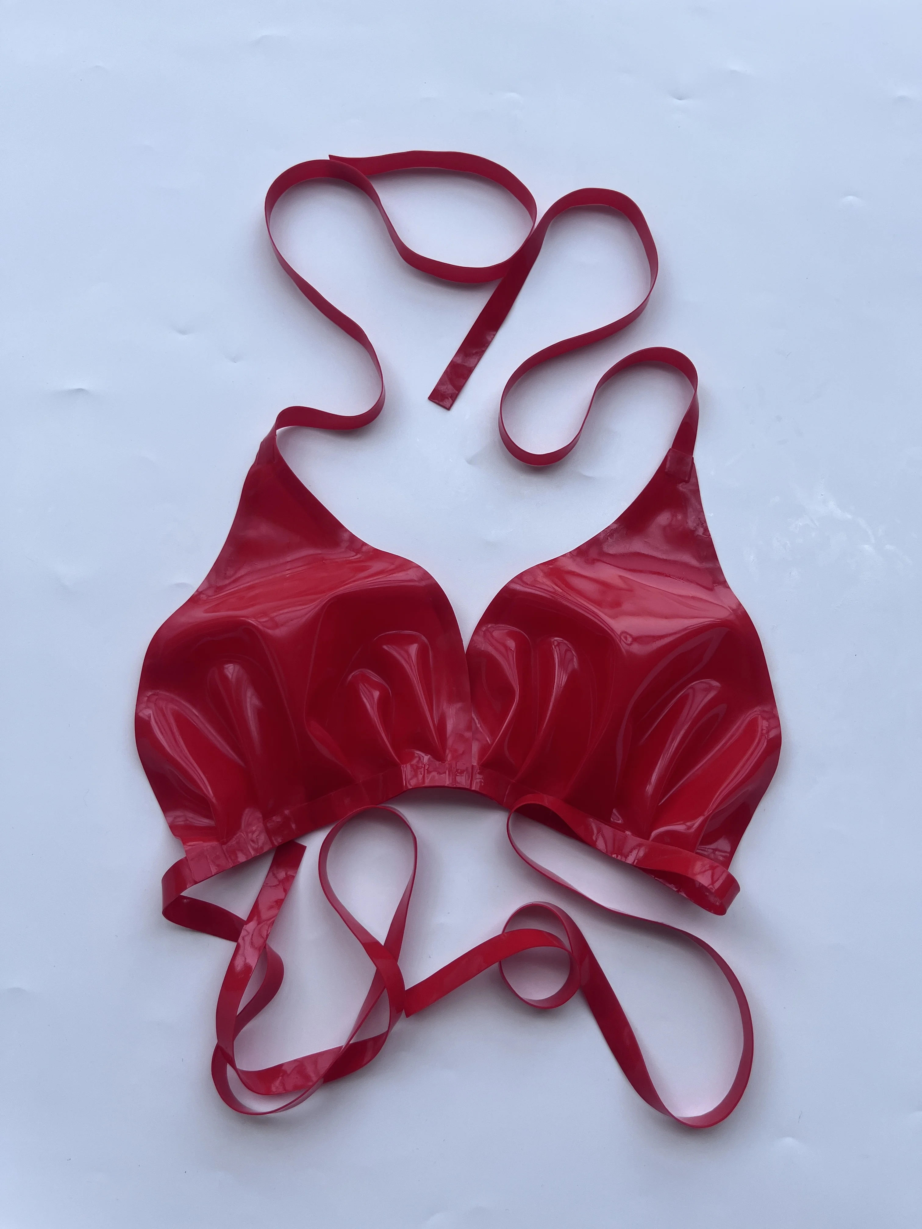 Sexy Women Lingerie Red Natural Halter Latex Bra Rubber Underwear with Back Button or Lace