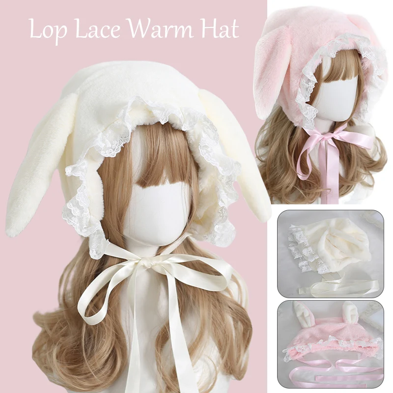 

Japanese Style Sweet Fluffy Cute Lop-eared Rabbit Hat Lei Feng Hat Lace Lolita Earmuffs Cap All Match Plush Winter Warm Hat