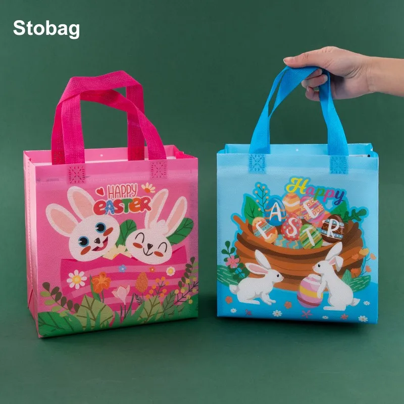

StoBag 4pcs Happy Easter Non-woven Tote Bags Fabric Rabbit Gift Candy Snack Package Waterproof Storage Reusable Pouch Party