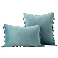 Inyahome Water Blue Velvet Soft Solid Decorative Throw Pillow Cover with Tassels Fringe Boho Cushion Case for Couch Sofa Bed 1