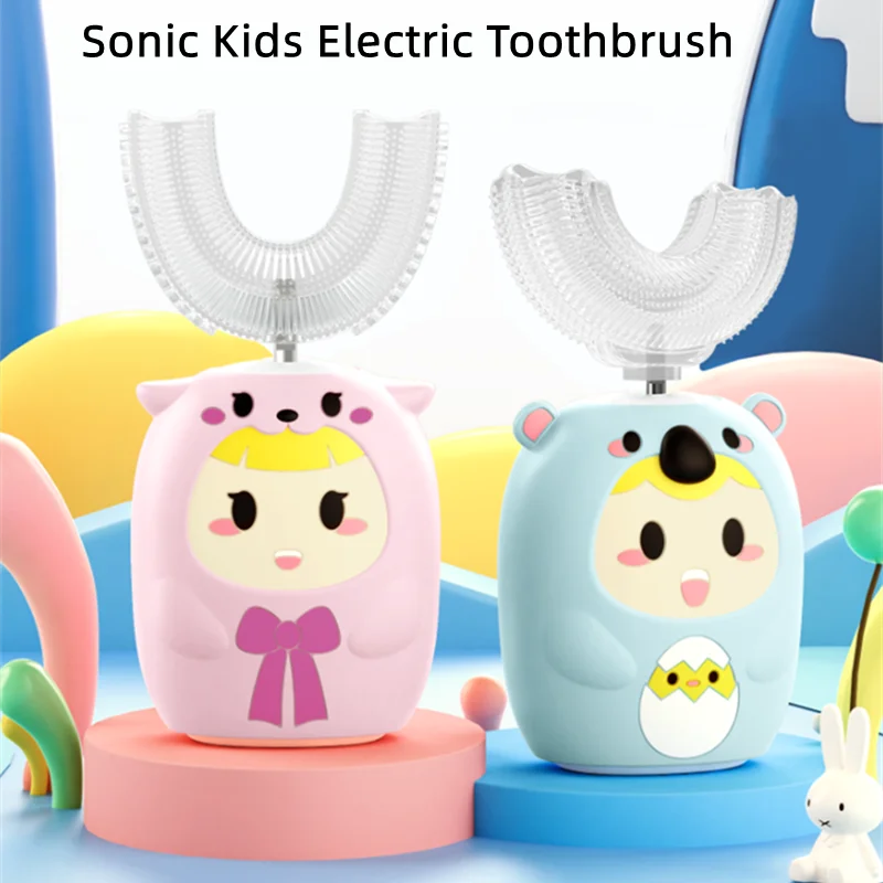 360 Degrees Electric Toothbrush Kids U Shaped Silicon Smart Sonic Teeth Tooth Brush Cartoon Pattern for Children IPX7 Waterproof rainbow dental valentines teeth pattern colorful neon tooth dental assistant dental squad students socks mens women stockings