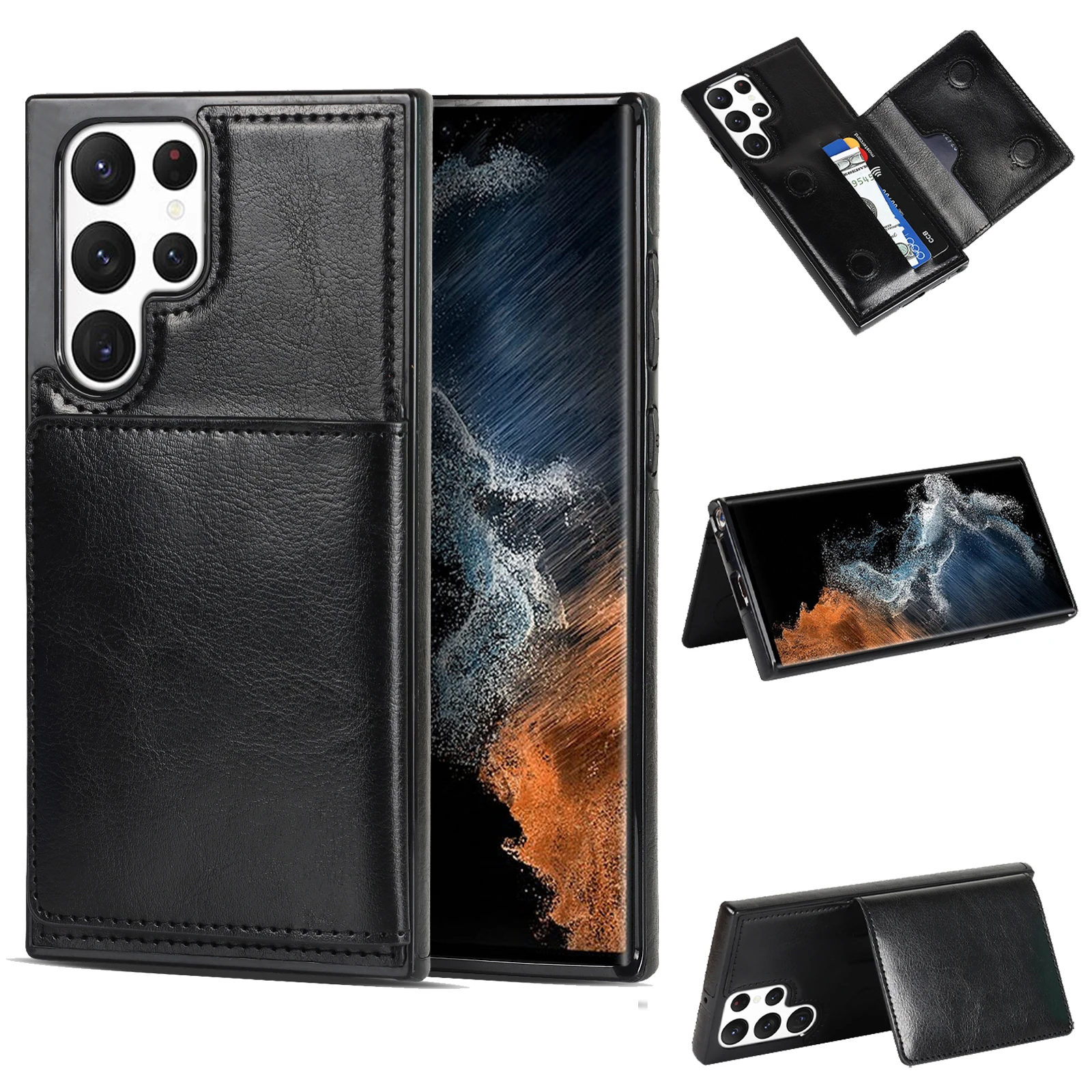 

For Samsung Galaxy S23 Ultra Case PU Leather Card Holder Wallet Cover For Samsung S22 S21 S20 S10 Shockproof Flip Stand Conque