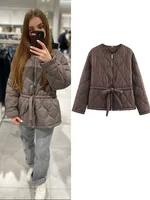 2025 Women Autumn Winter Jackets Quilted Coats Vintage Solid Sashes Bow O-Neck Cotton Liner Female Elegant Street Outerwear