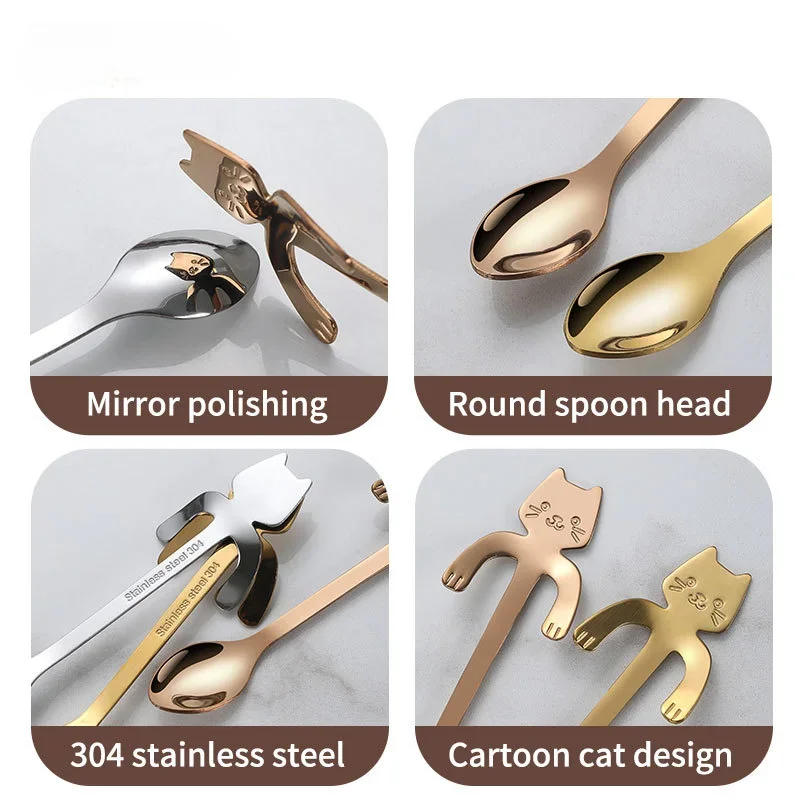 Stainless Steel Spoon Lovely Cute Cat Shape Teaspoon Dessert Snack Scoop Ice Cream Mini Spoons Tableware Kitchen Tools