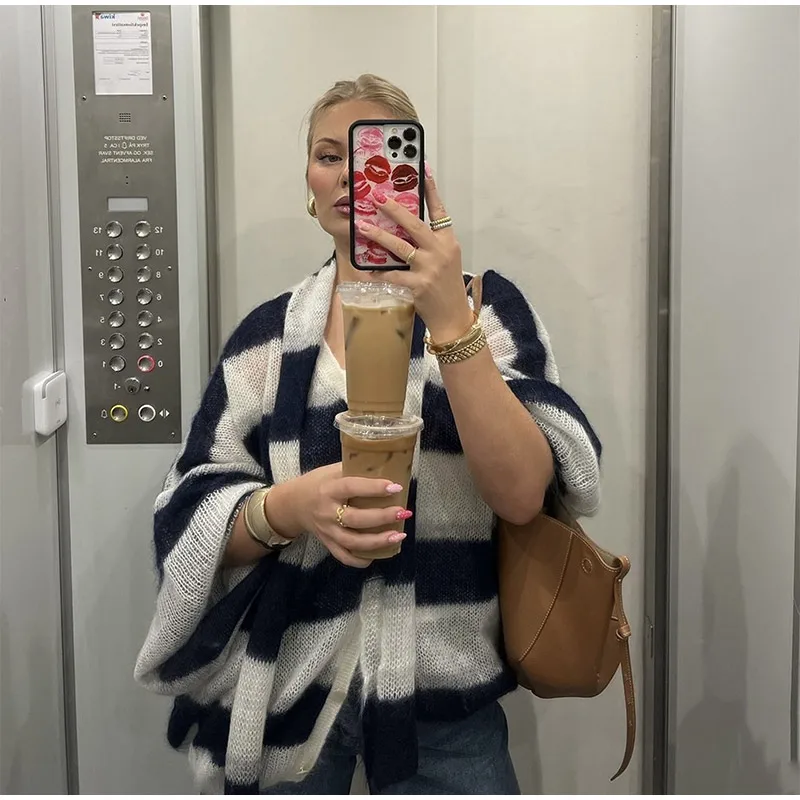 Loose Mohair Striped V-neck Cardigan Women With Scarf Fashion Lantern Sleeve Single Breasted Knitwear Casual Lady New Streetwear