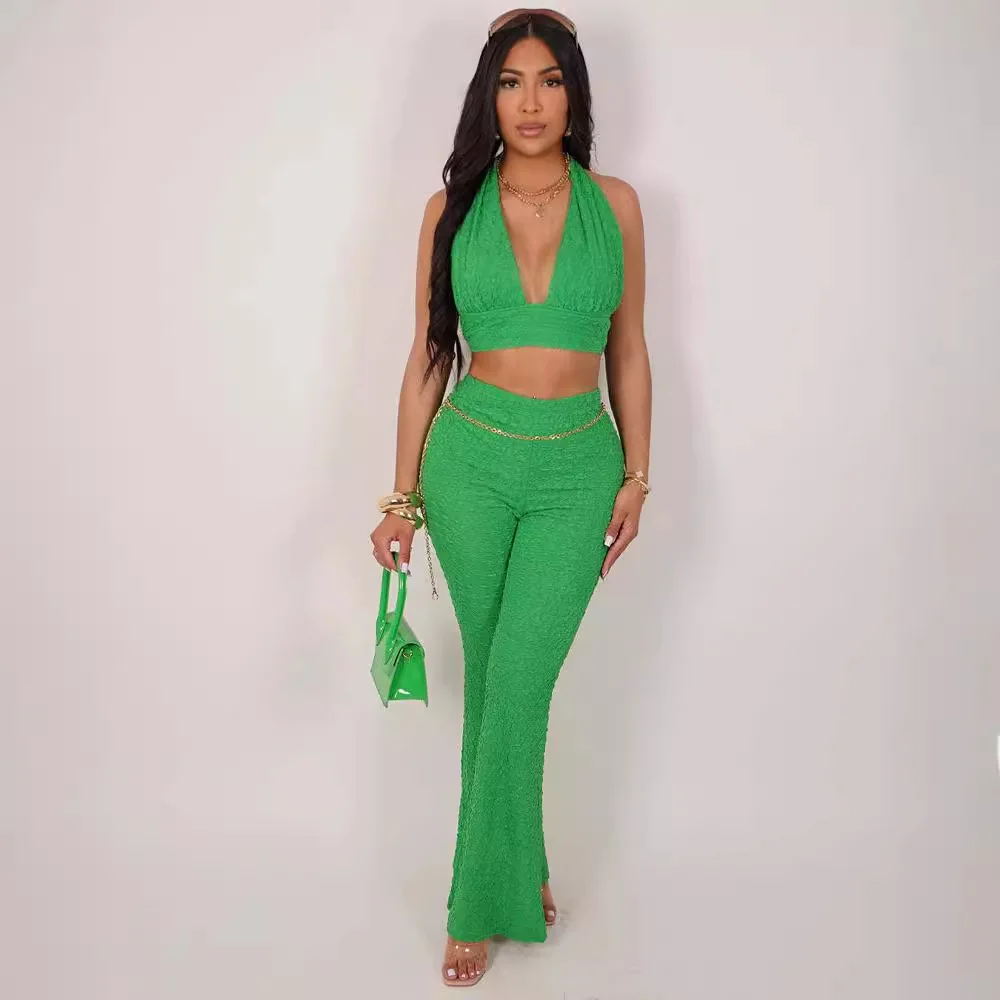 Nightclub Party Sets for Women 2 Pieces Sexy Backless V Neck Sleeveless Halterneck Crop Top Suit Summer Fashion Flared Pant Sets
