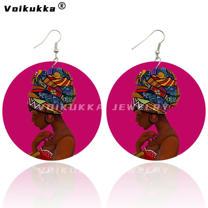 Voikukka Jewelry African Woman Pattern With Hijab Wooden Both Sides Print 6 CM Pendant Drop Earrings Wholesale 5