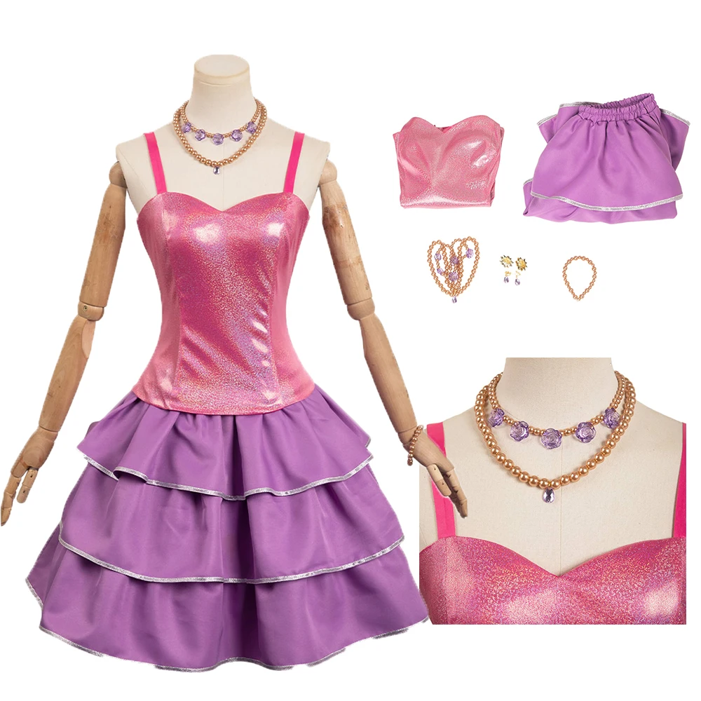

Barbier Cosplay Pink Sequin Dress For Women Girls Necklace RolePlay Costume Outfits Halloween Carnival Party Fancy Disguise Suit