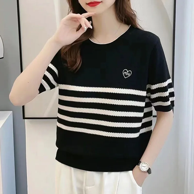 

Fashion O-Neck Knitted All-match Embroidery Striped Blouse Female Clothing 2023 Summer New Casual Pullovers Loose Korean Shirt