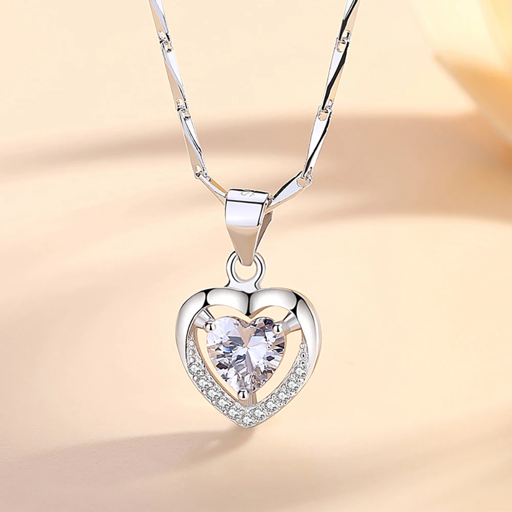 Sterling Silver 999 Heart Shaped Cubic Zirconia Pendant Necklace for Girlfriend Birthday Gift Free Shipping