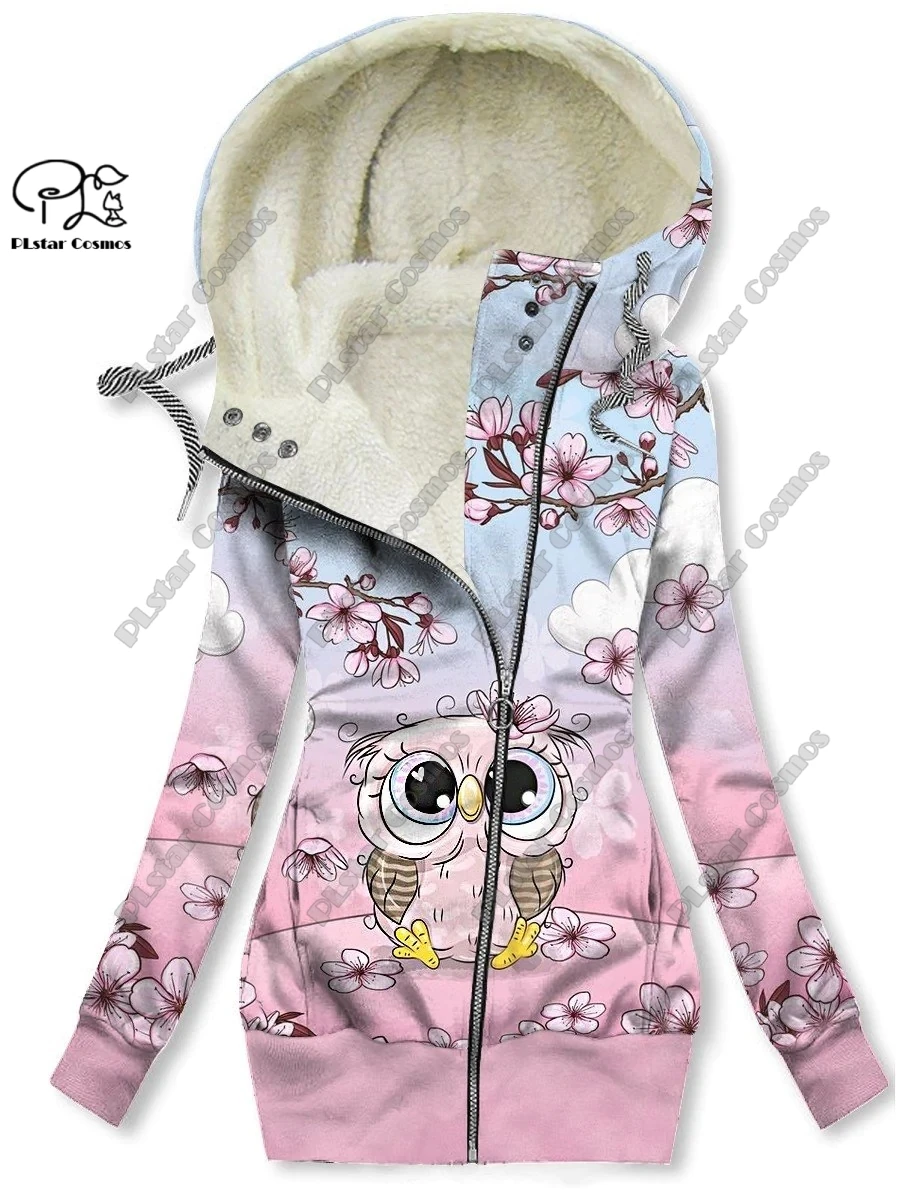 New 3D printed animal series cute owl pattern plus velvet warm women's long zipper hoodie coat commuting casual winter M-1