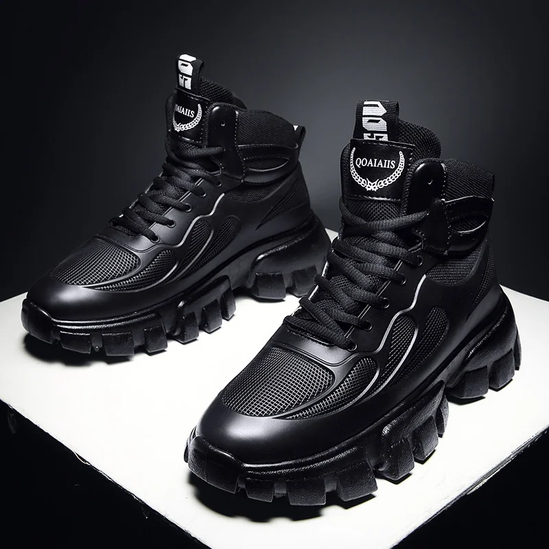 Winter Plus Velvet Outdoor Increased Sports NonSlipThe New Round Shape Shoes Men Leather Boots Black High Gang Platform Boots