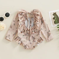 Kids Baby Girl Summer Swimwear Floral Print Backless Ruffles Long Sleeve Bodysuit Bathing Suit Girls Beachwear 0-4 Years 1