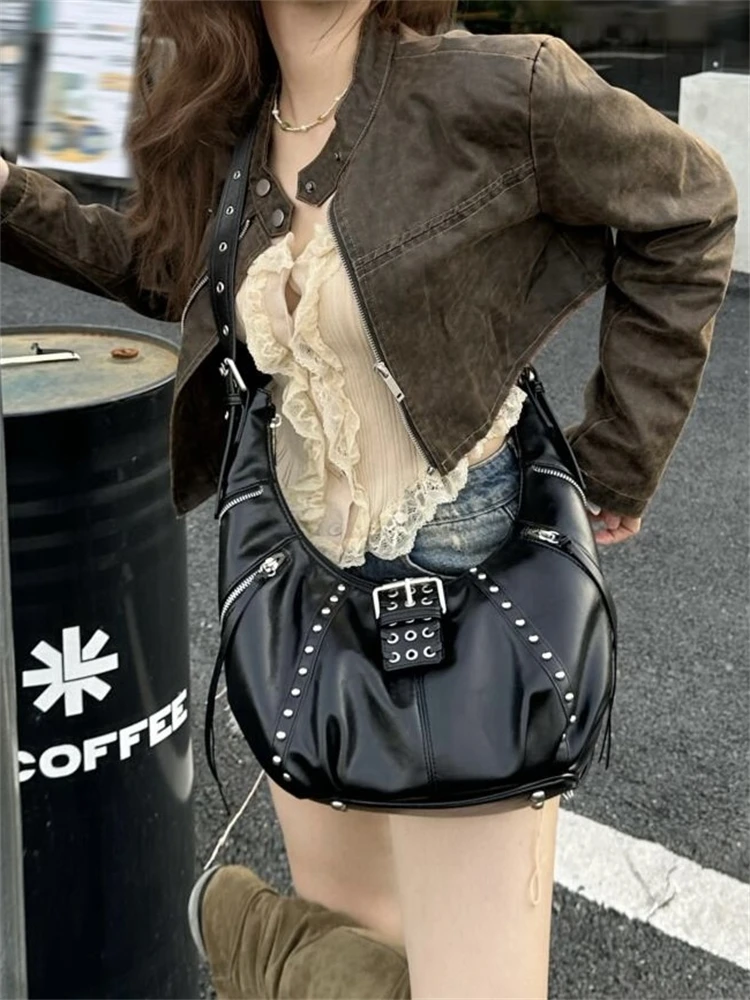 Brand Retro Motorcycle Bag 2025 New Wax Leather Cool Croissant Bag Rivet Zipper Design Shoulder Crossbody Dumpling Armpit Bags