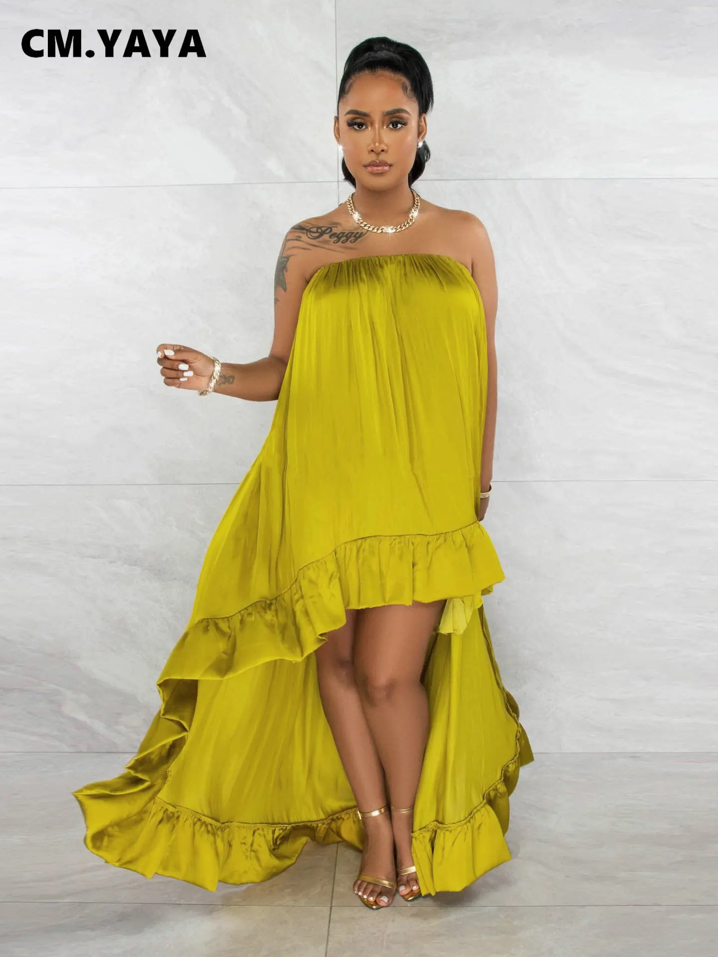 

2023 Летняя мода Vestidos Сексуальная Клубная одежда Вечерние платья CM.YAYA женское платье без бретелек с высокой низкой свободной оборкой