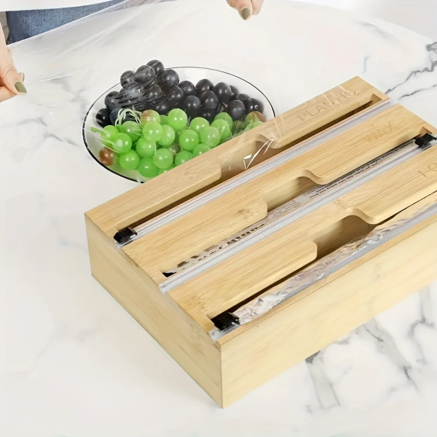 3 in 1 Wrap Organizer with Cutter and Labels, Plastic Wrap, Aluminum Foil and Wax Bamboo Dispenser for Organization Holder for