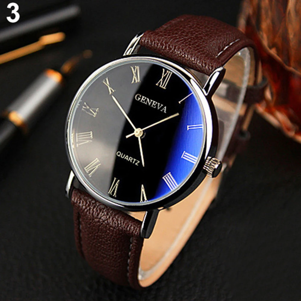 

2024 Hot Sale New Geneva Roman Numerals Blu-Ray Men Watch Faux Leather Band Analog Business Quart Wristwatch