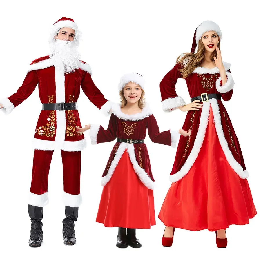 

Adult Santa Claus Costume for Women Men Kids Girls Plus Size Santa Helper Velvet Christmas Costumes for Party
