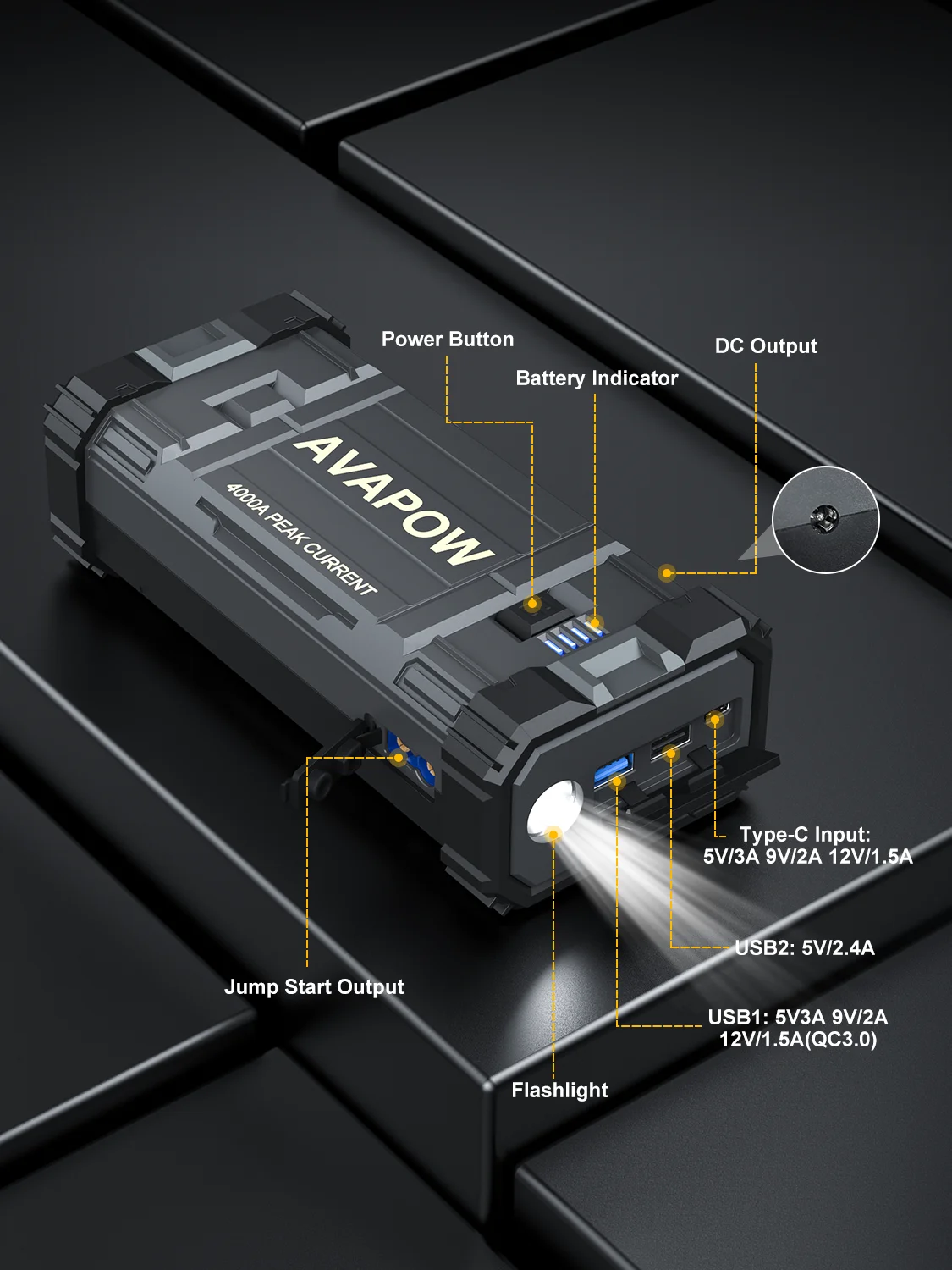 AVAPOW 4000A Car Jump Starter: Portable Power Pack for Gas & Diesel Engines, 12V, with LED Light & USB Quick Charge 3.0.