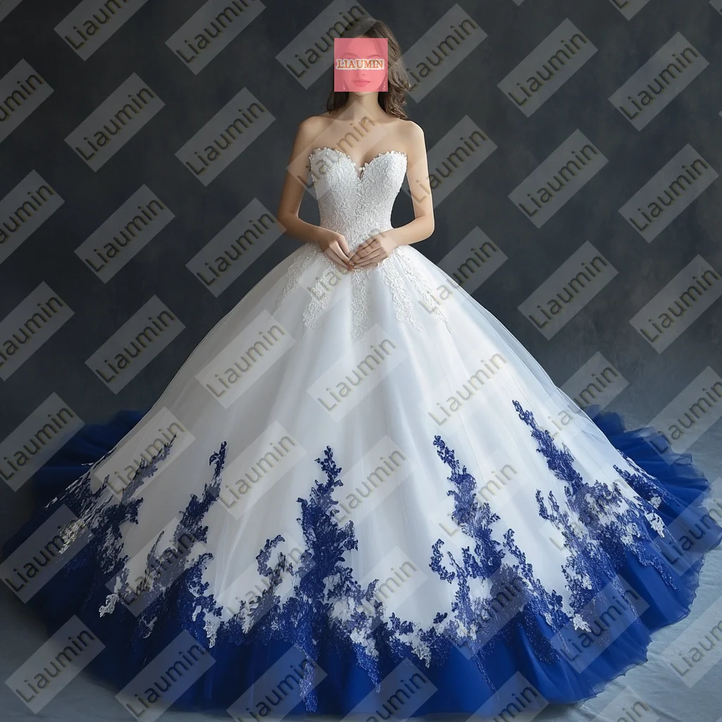 White Tulle Blue Lace Applique Strapless Sweep Train Wedding