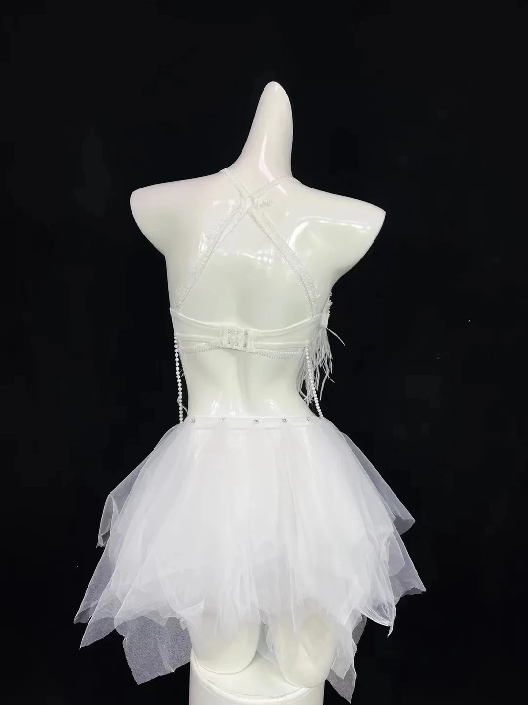 Sexy Club Nightclub DJ Gogo Party Rave Outfit Dancer Stage Performance Costume Black White Feather Beads Tops Mesh Skirt