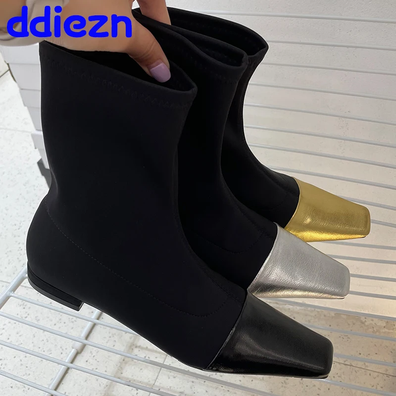 

Ботильоны женские с квадратным носком, металлическая эластичная обувь, плоская подошва, без застежки, Стрейчевые короткие сапоги