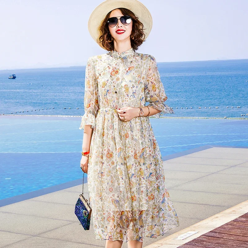 

100% шелковое платье, Элегантное летнее пляжное платье, женские платья-миди с цветочным принтом для женщин, Повседневная мода 2024, Vestido De Mujer Pph3752