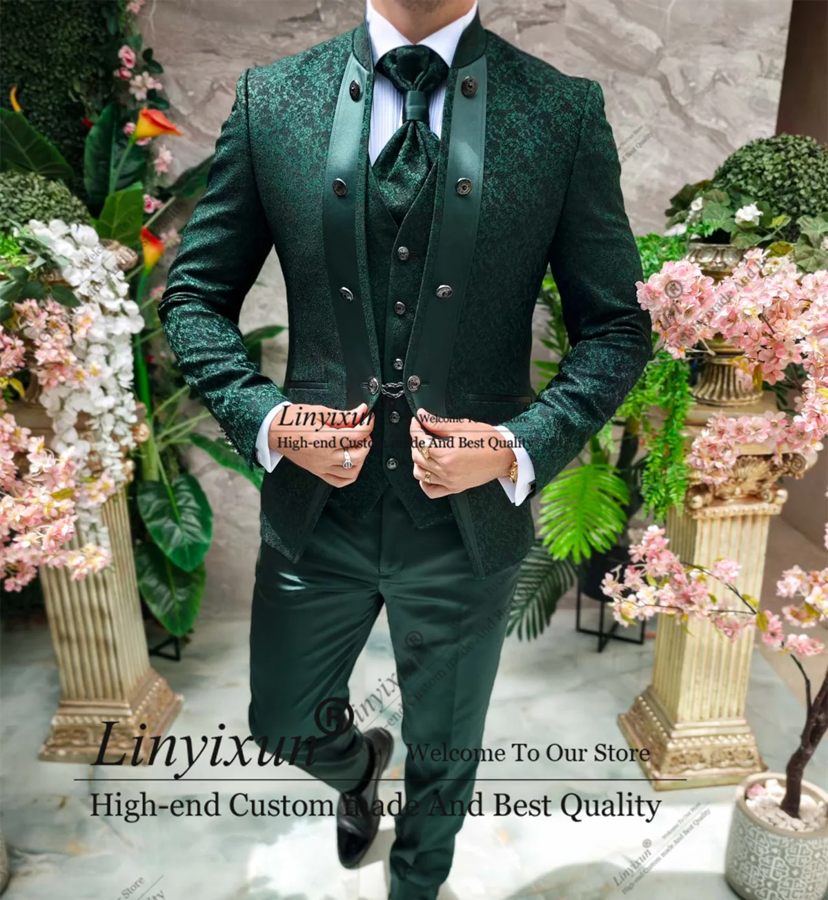 Italian Jacquard Style Mens Suit 3 Pieces Sets Groom Wedding Tuxedos Prom Blazers