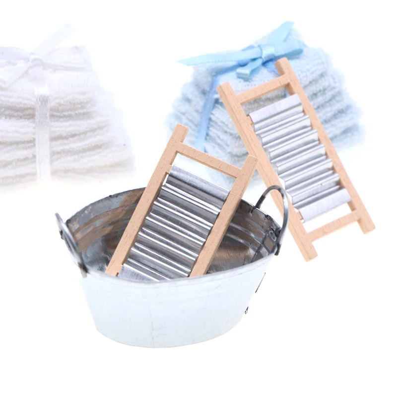 1Set Mini House Basin Wash Board Decor Dollhouse Miniature Basin Washboard Bucket Set Mini Mobili