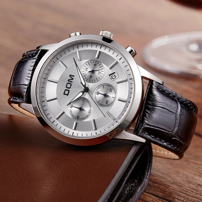 DOM Brand men's watch large dial multifunction sports waterproof genuine leather strap Fashion & Casual men's watches MS-301