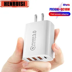 USB Type C Quick Charger 4 Ports QC3.0 4.0 PD Mobile Phone Fast Power Adapter For iPhone iPad Samsung Xiaomi Huawei Wall Charger