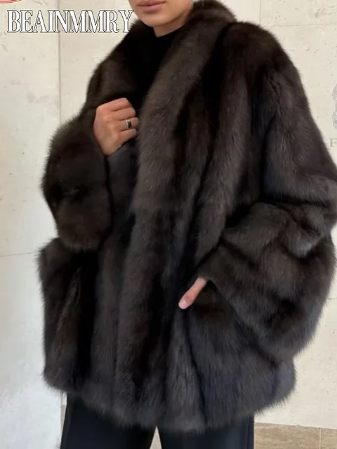 Women Thick Faux Fur Coat Lapel Hidden Button Loose  elegant lady Outerwear 2025 Fashion Female Street Commute Overcoat New 1