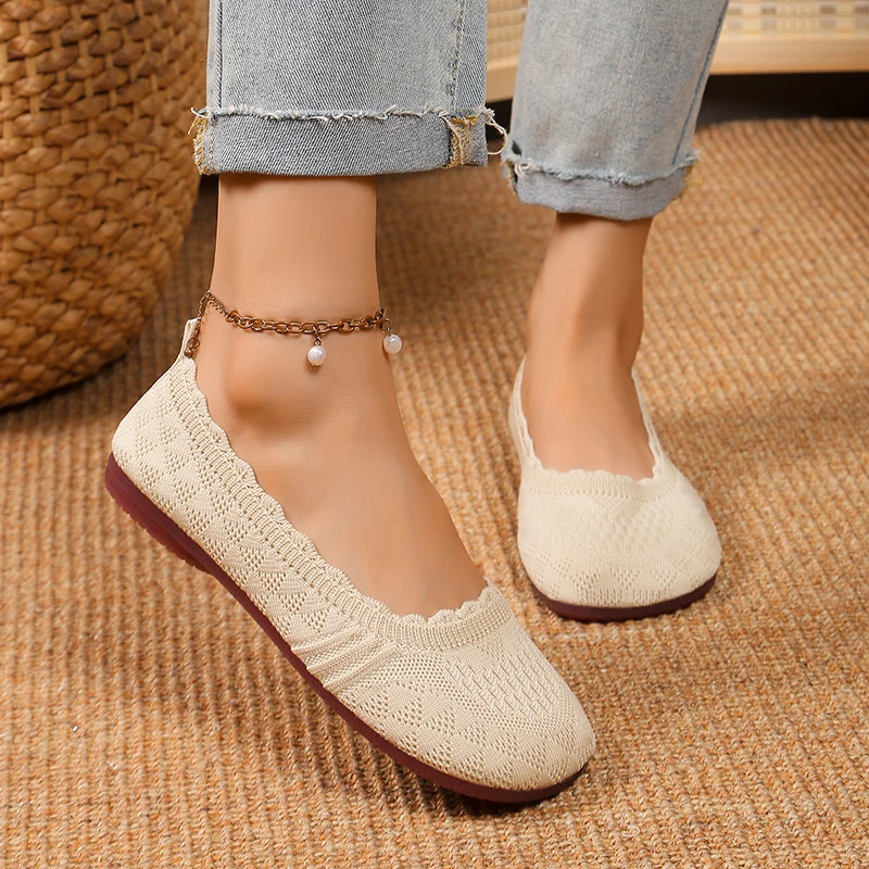 Women Shoes Women Sneakers Women Flats Casual Shoes Solid Color Mesh Breathable Sneakers Soft Bottom Knit Ballet Loafers Slip on Boat Shoes