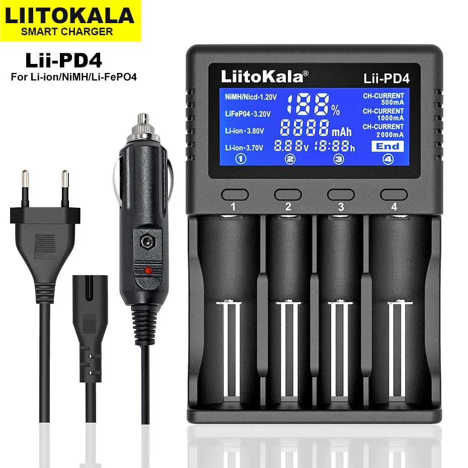 

Liitokala Lii-PD2 Lii-PD4 LCD 3.7V/1.2V/3.2V/3.8V nimh 18650 18350 18500 21700 20700 26650 Lithium Battery Charger Recharge