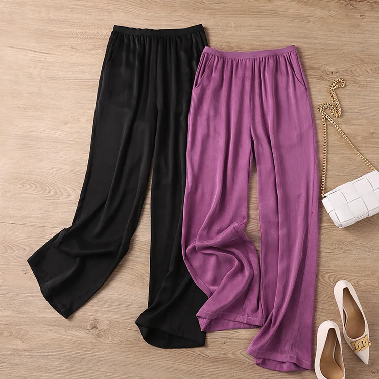 Matte Imitation Cuprammonuium Heavy Real Texture Elastic Waist Straight Wide-Leg Pants for Women